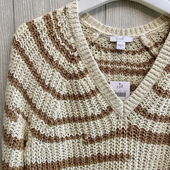 J Jill Cream Brown V-Neck Chunky Knit Sweater Small NWT - Picture 2 of 5